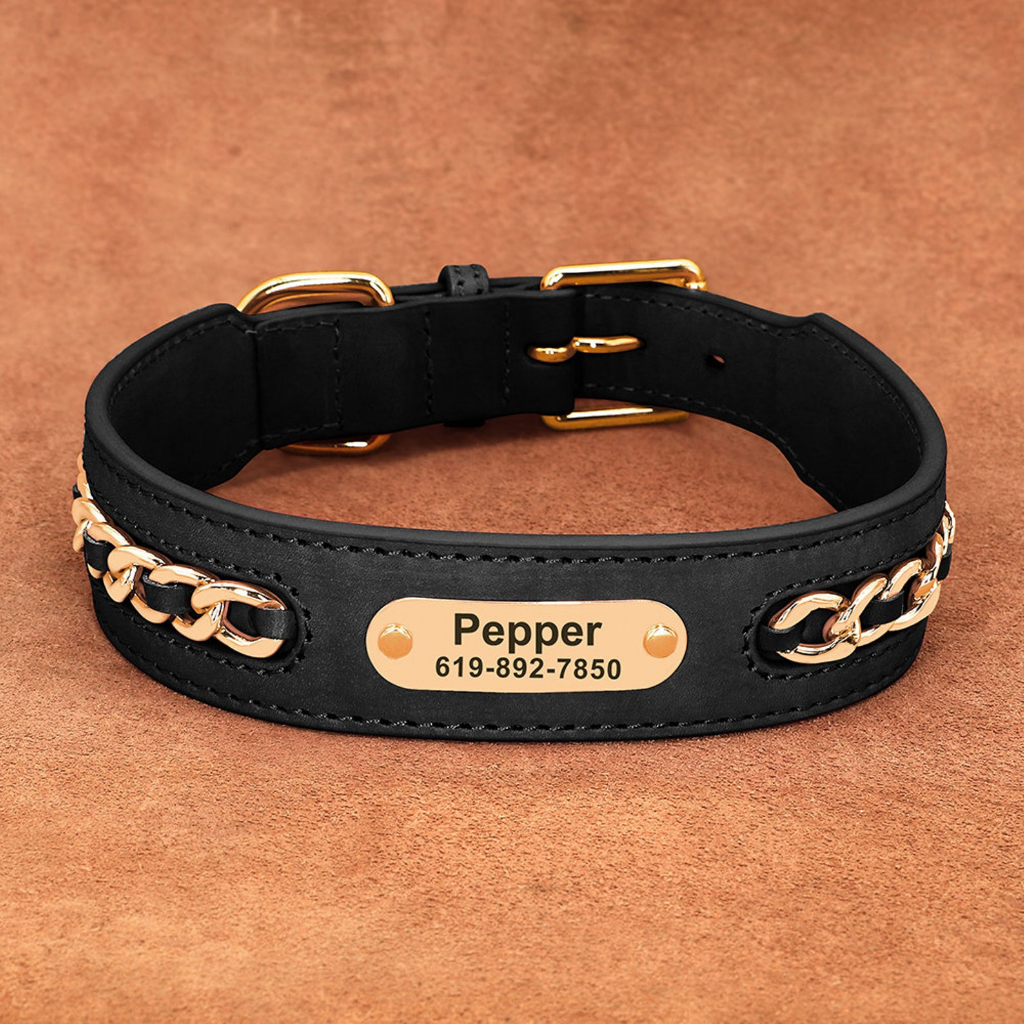 Black color personalized genuine leather dog collar
