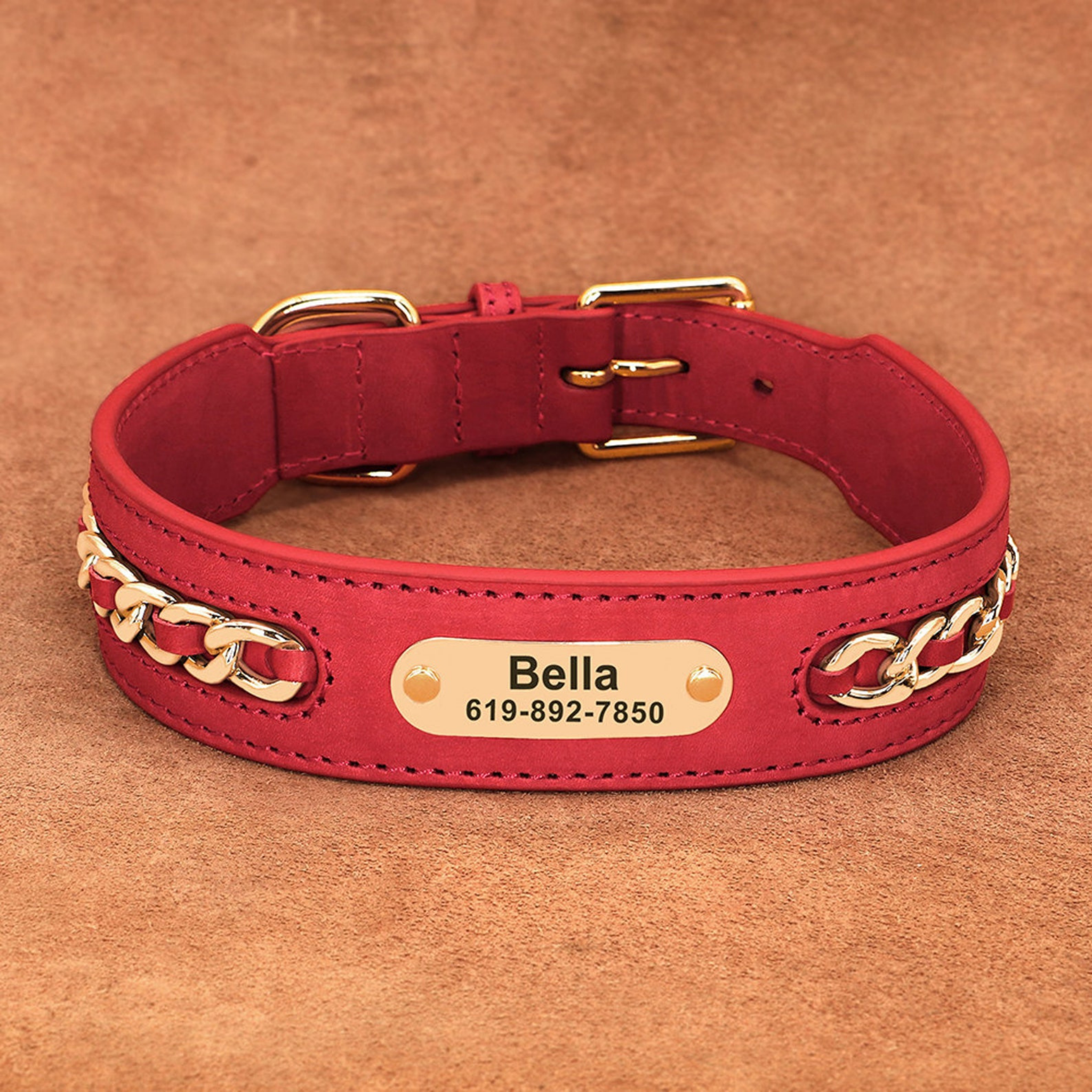Red color personalized genuine leather dog collar