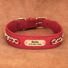 Red color personalized genuine leather dog collar