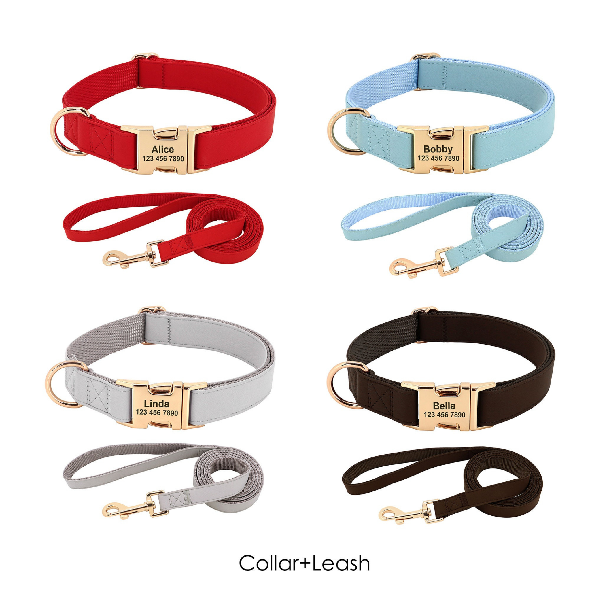 Personalized Engraved Handmade PU Leather Dog Collar, Leash, Harness featuring a Nylon Inner Webbing and Metal Buckle