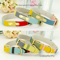 Personalized Engraved Dog Collar Colorful PU Leather Dog Collar with Custom Name Plate