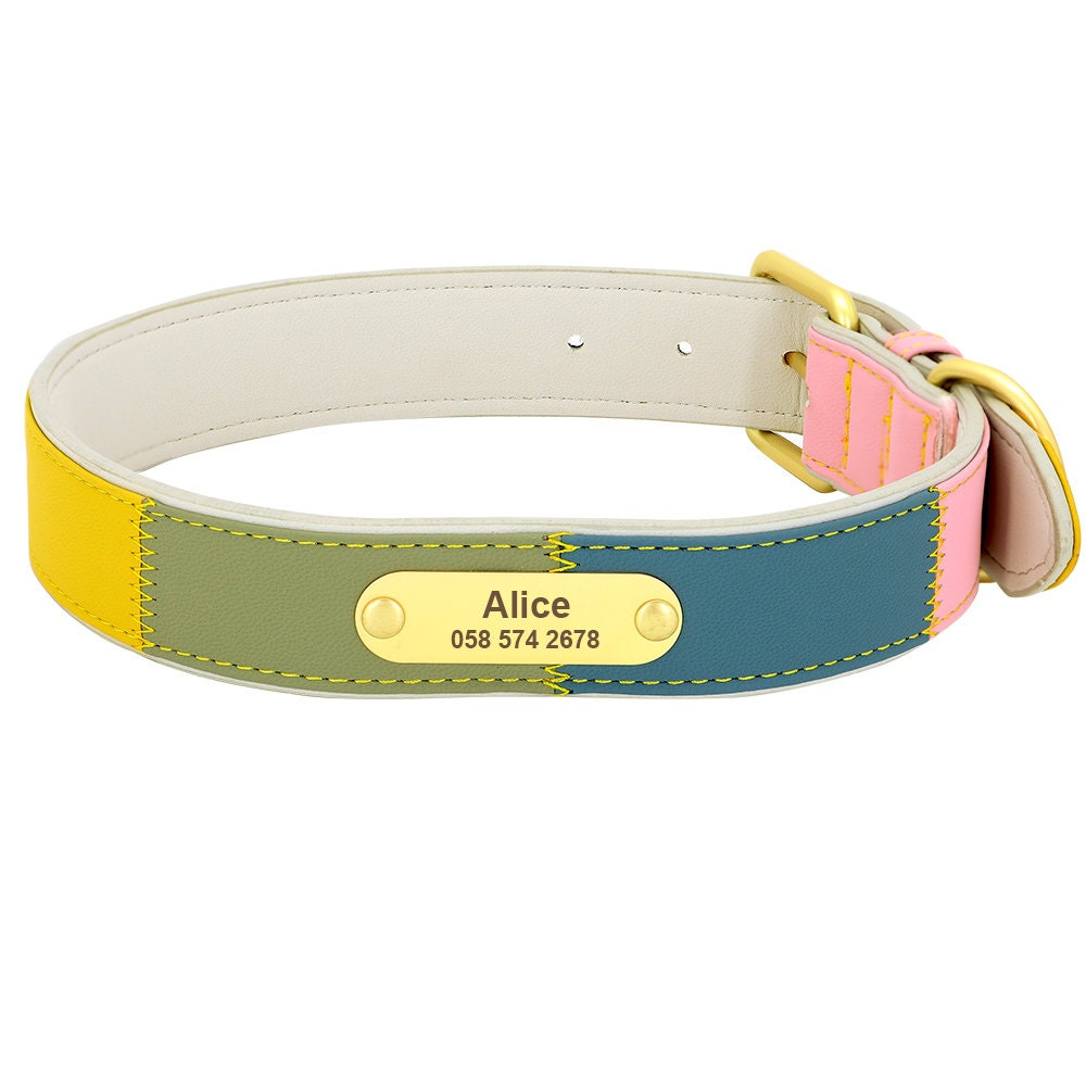 Personalized Engraved Dog Collar Colorful PU Leather Dog Collar with Custom Name Plate