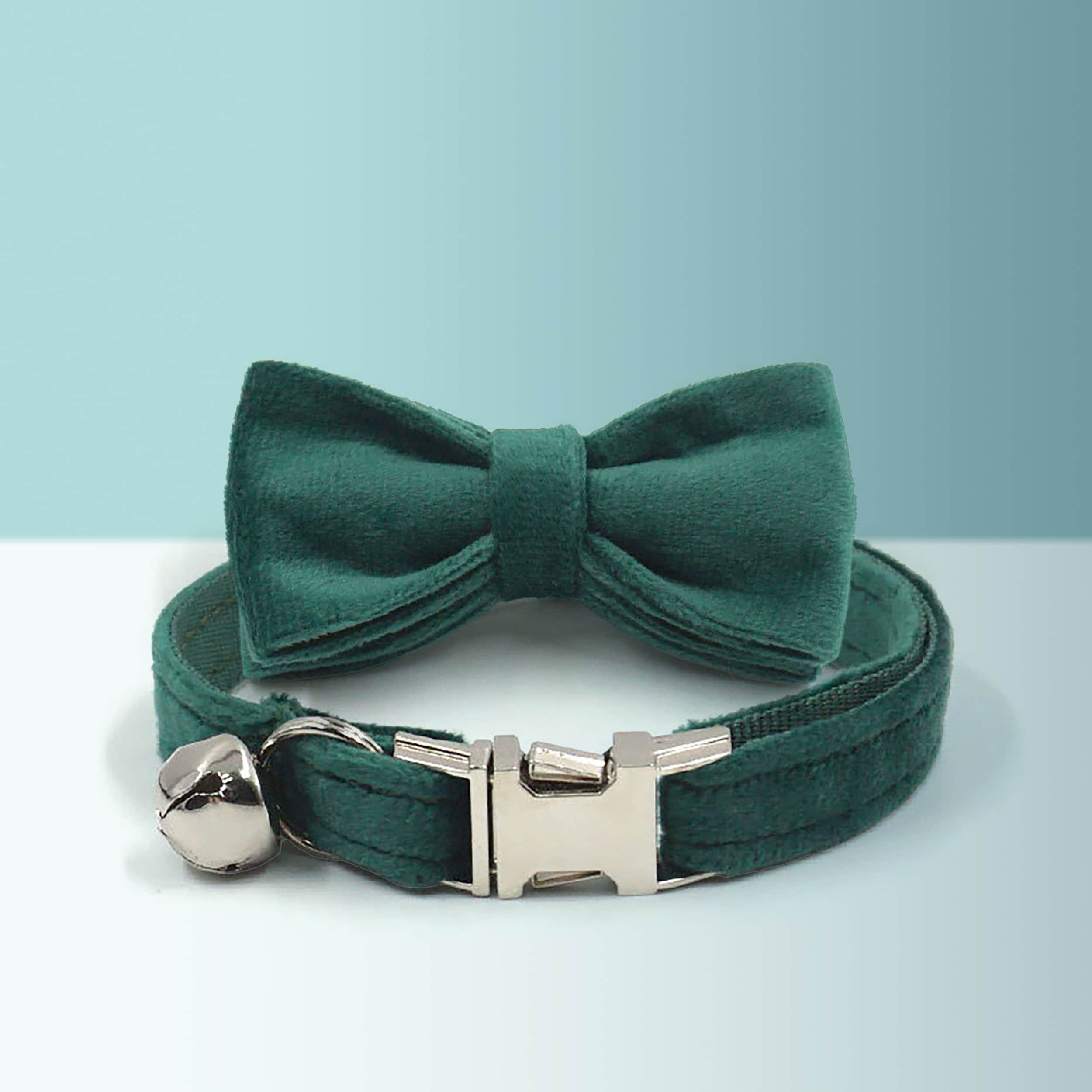 Green Thick Velvet Personalized Cat and Small Dog Collar Bow Tie Set, Free Engraved Kitten Puppy Name Tag, Bell, Pet Gift