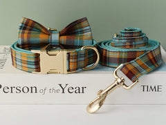 Personalized Engraved Blue Tartan Dog Collar with Name Dog Leash Set, Step in Harness Removable Dog Bow Tie Available