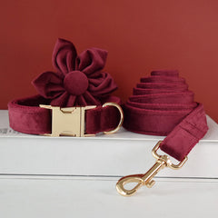 Personalized Engraved Handmade Thick Velvet Burgundy Dog Collar and Lead Set, Matching Bowtie, and Step In Harness Available