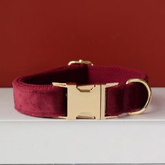Personalized Engraved Handmade Thick Velvet Burgundy Dog Collar and Lead Set, Matching Bowtie, and Step In Harness Available