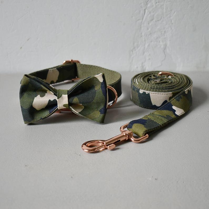 Green Camouflage Engraved Dog Collar Set