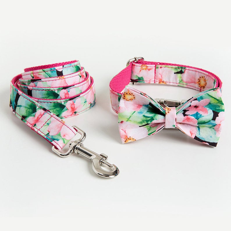 Floral Personalized Bow Tie Dog Collar Set