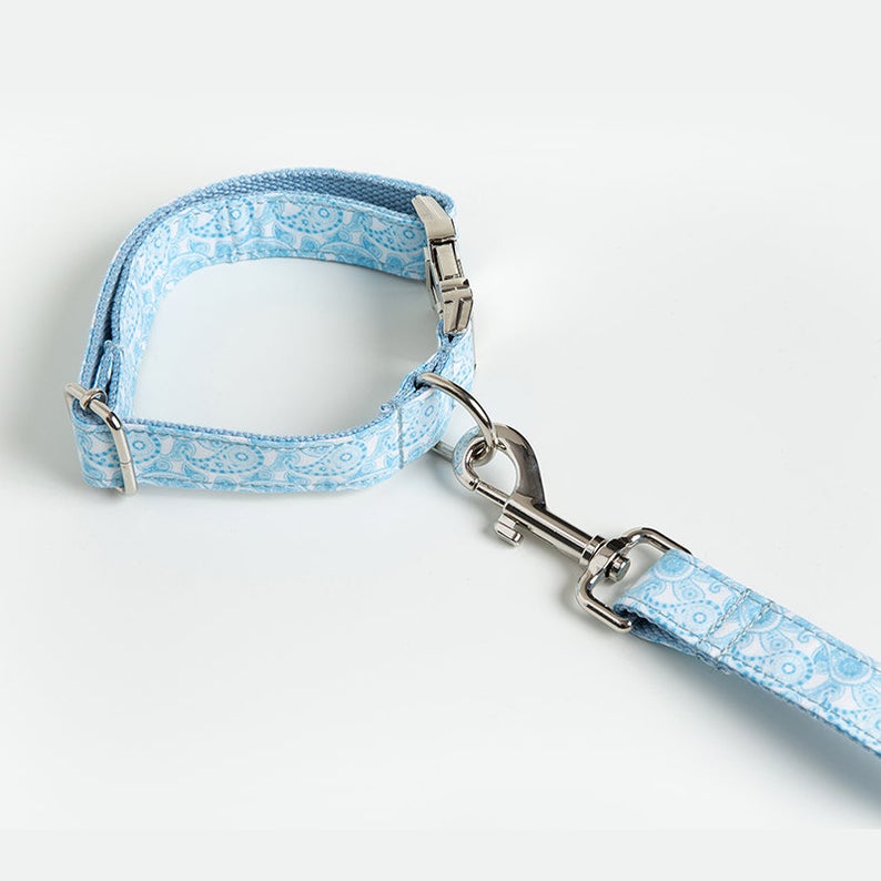 Handmade Blue Paisley Design Dog Collar Set