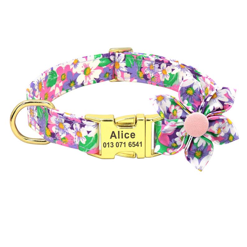 Cute Custom Engraved Floral Dog Collar Set