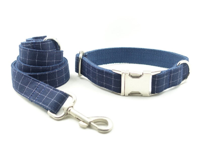 BLUE GREY PLAID Personalized Dog Collar Set