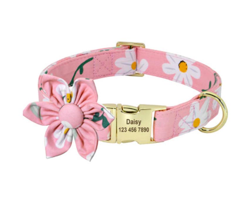 Pink Daisy Custom Engraved Dog Collar Set