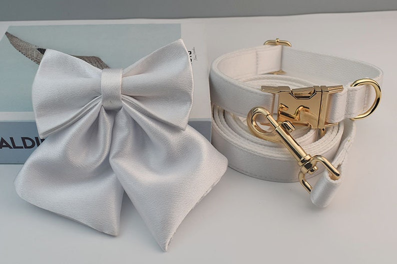 Luxurious Silky Wedding Dog Collar - Personalized with Name - White, Pink, Emerald Green or Black, Detachable Sailor Bowtie