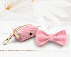Personalized Velvet or Corduroy Pink Girl Puppy Dog Collar with Matching Bowtie, Leash, Poop Bag Holder, and Airtag Holder - DIfferent Combo