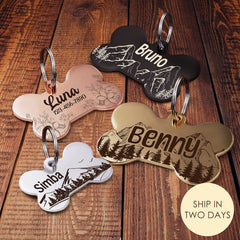 Custom Bone-Shaped Dog Tag with Mountain and Floral Pattern - Personalized Engraved Pet ID Tag with Unique Design