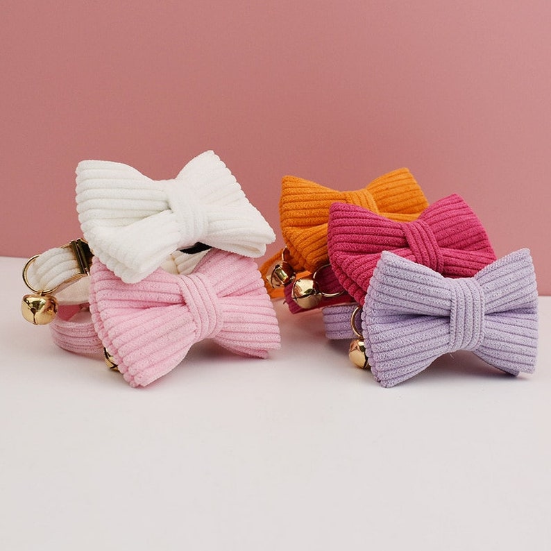 Personalized Corduroy Cat and Small Dog Collar Set with Bow Tie - Pink, White, Orange Free Engraved Name - Perfect Pet Gift