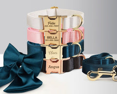 Luxurious Silky Wedding Dog Collar - Personalized with Name - White, Pink, Emerald Green or Black, Detachable Sailor Bowtie