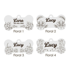 Custom Bone-Shaped Dog Tag with Mountain and Floral Pattern - Personalized Engraved Pet ID Tag with Unique Design