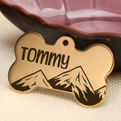 Custom Bone-Shaped Dog Tag with Mountain and Floral Pattern - Personalized Engraved Pet ID Tag with Unique Design