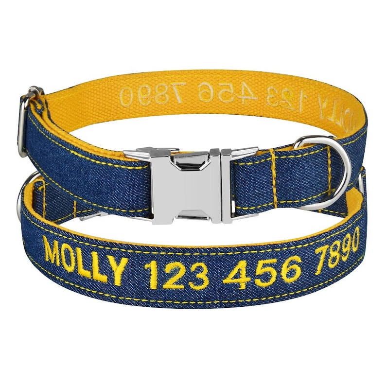 Personalized Embroidered Handmade Denim Dog Collar, Customizable with Name and Number, Optional Detachable Bowtie, Matching Leash Set