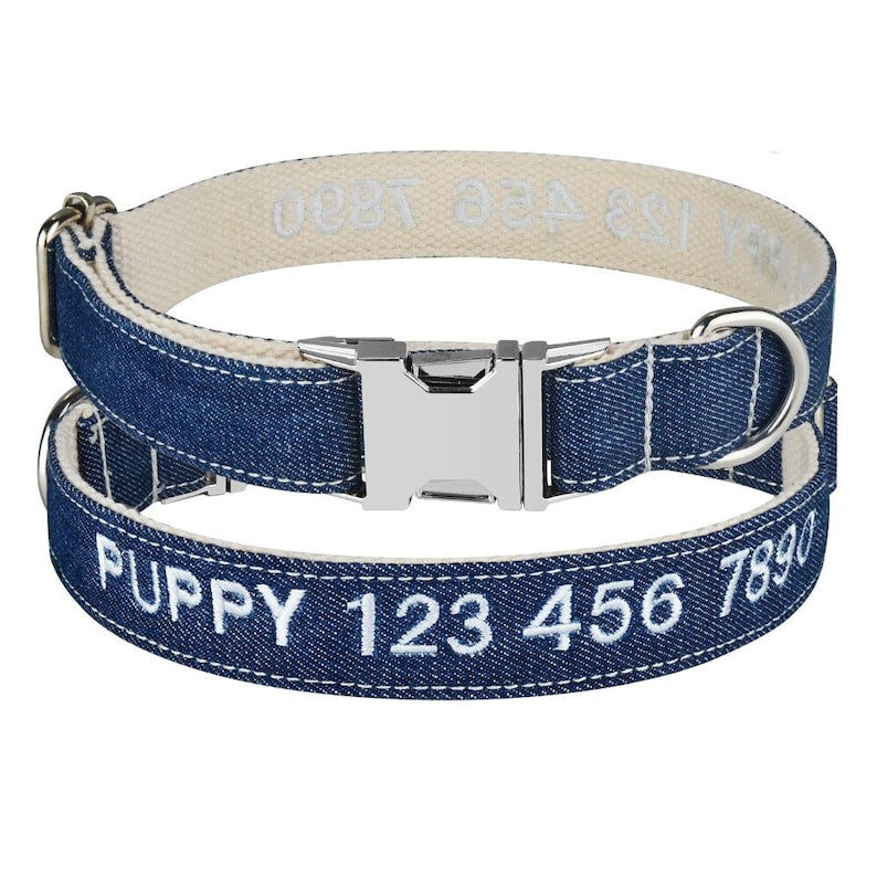 Personalized Embroidered Handmade Denim Dog Collar, Customizable with Name and Number, Optional Detachable Bowtie, Matching Leash Set