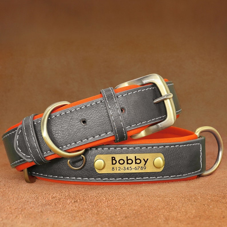 Personalized Engraved PU Leather Dog Collar Soft Padded Dog Collar with name plate, Matching Reflective Leash Available