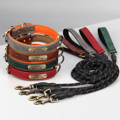 Personalized Engraved PU Leather Dog Collar Soft Padded Dog Collar with name plate, Matching Reflective Leash Available