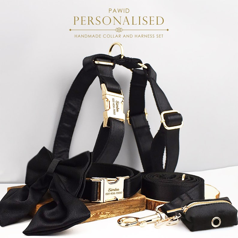 Custom Crystal Black Personalized Dog Collar, Matching Dog Bowtie, Dog Leash, Dog Harness & Dog Poop Bag, Different Combo