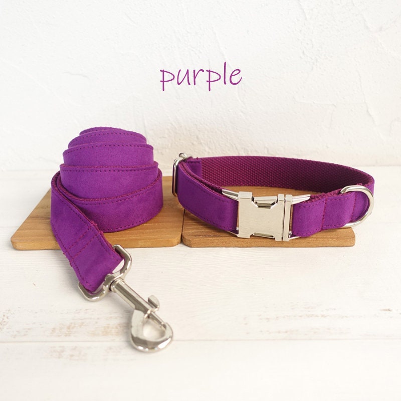 Personalized Laser Engraved Handmade Solid Colour Velvet Dog Collar / Leash / Detachable Bowtie, different combos available