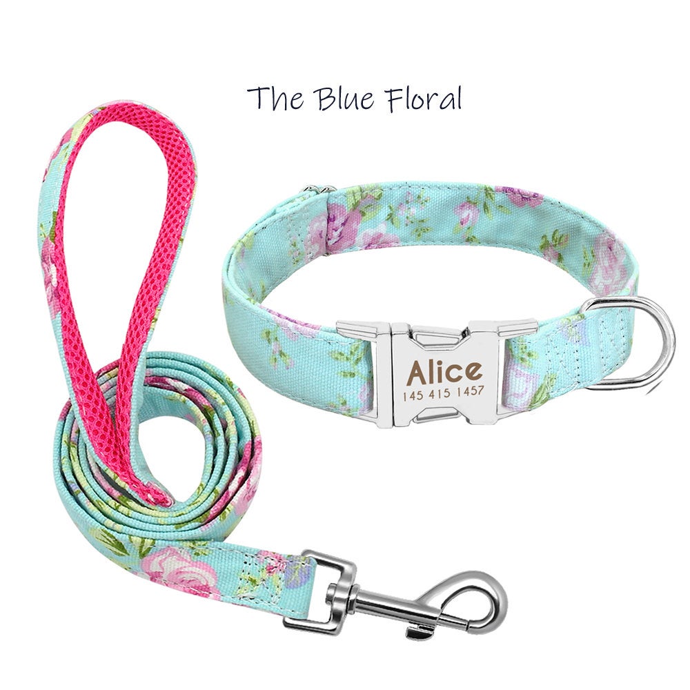 Blue Floral Engraved Dog Collar