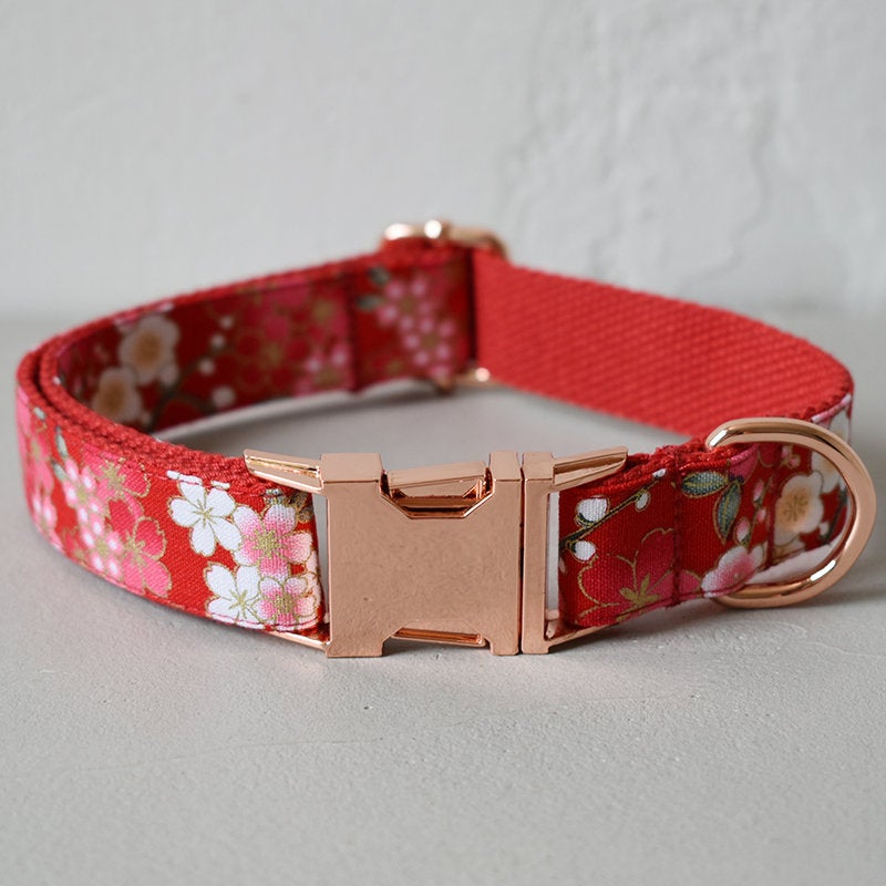 Personalized Red Floral Dog Collar Set