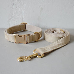 Thick Beige Velvet Dog Collar Bowtie Set