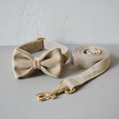 Thick Beige Velvet Dog Collar Bowtie Set