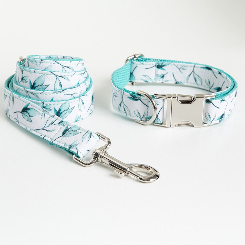 Summer Leaves Custom Dog Collar and Lead Set with Poop Bag