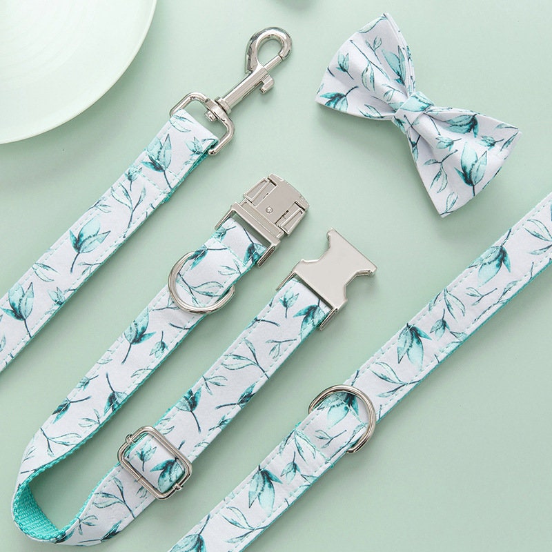 Summer Leaves Custom Dog Collar and Lead Set with Poop Bag