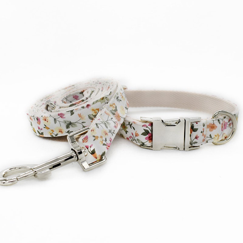 Personalize Engraved Handmade White Floral Dog Collar or Dog Collar and Lead Set, Bowtie and Flower Step In Harness Available