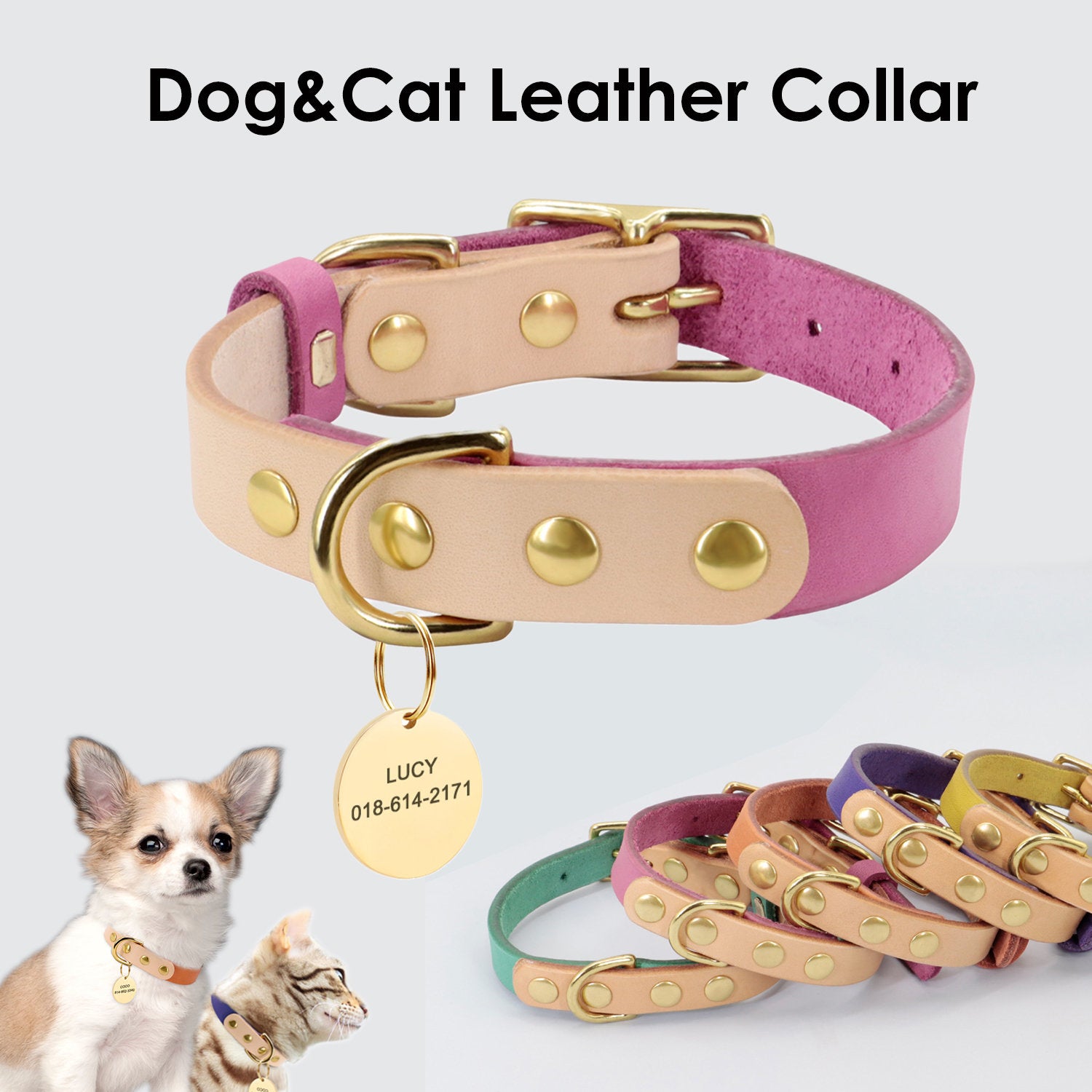Soft Genuine Leather Dog ID Tag Collar