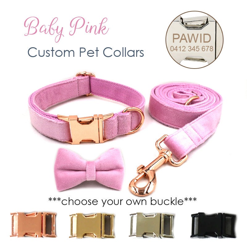 Bow Tie Baby Pink Thick Velvet Dog Collar Set