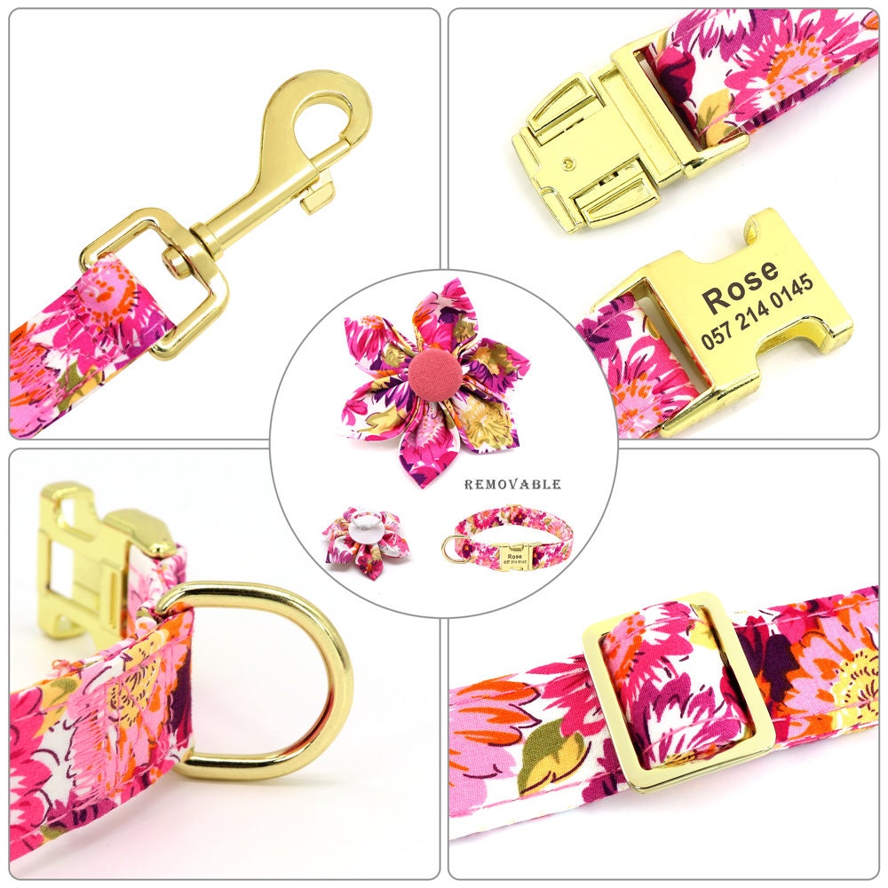 Pink Floral Autumn Dog Collar Leash Set with Bowtie and Harness