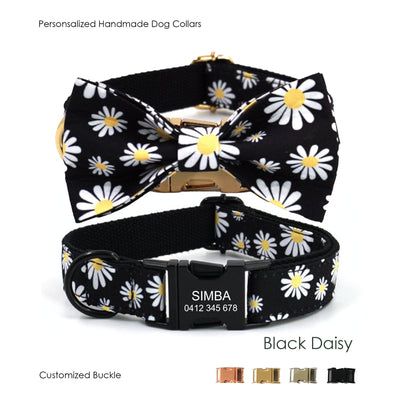 Bow Tie Personalized Black Daisy Dog Collar Set
