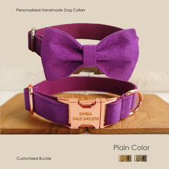 Velvet Plain Engraved Bow Tie Dog Collar Set