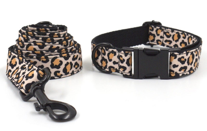 Personalized Engraved Handmade Brown Leopard Dog Collar or Dog Collar and Lead, Harness Set, Dog Bowtie Available