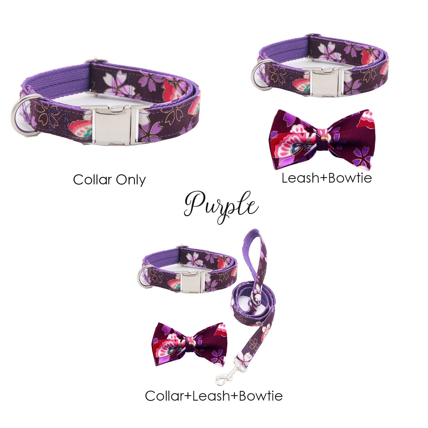 Personalized Engraved Handmade Dog Collar and Leash set, Matching Bowtie in Reb, Blue Pink Purple and Japan Pattern, Great for all Occasions