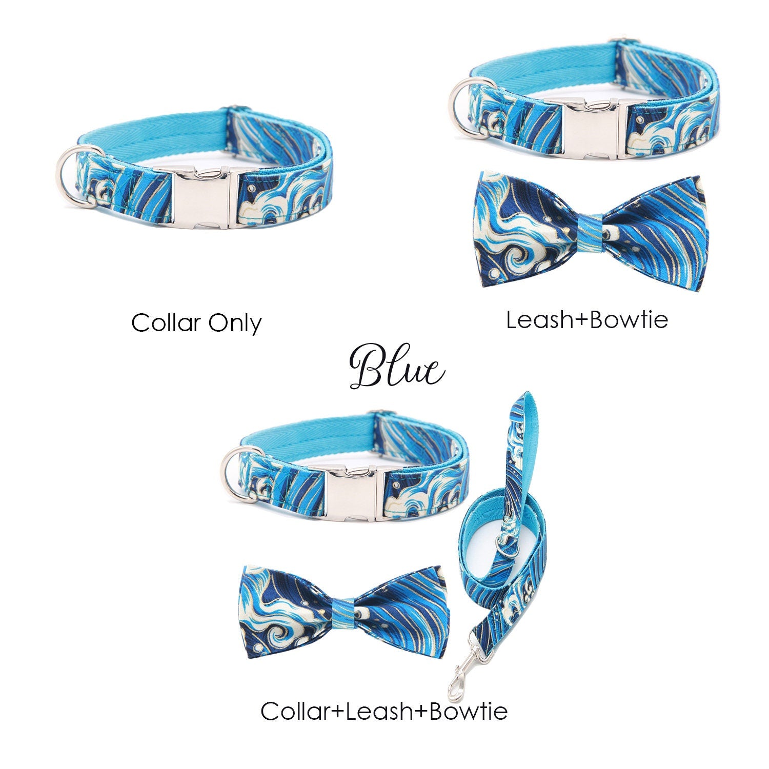 Personalized Engraved Handmade Dog Collar and Leash set, Matching Bowtie in Reb, Blue Pink Purple and Japan Pattern, Great for all Occasions