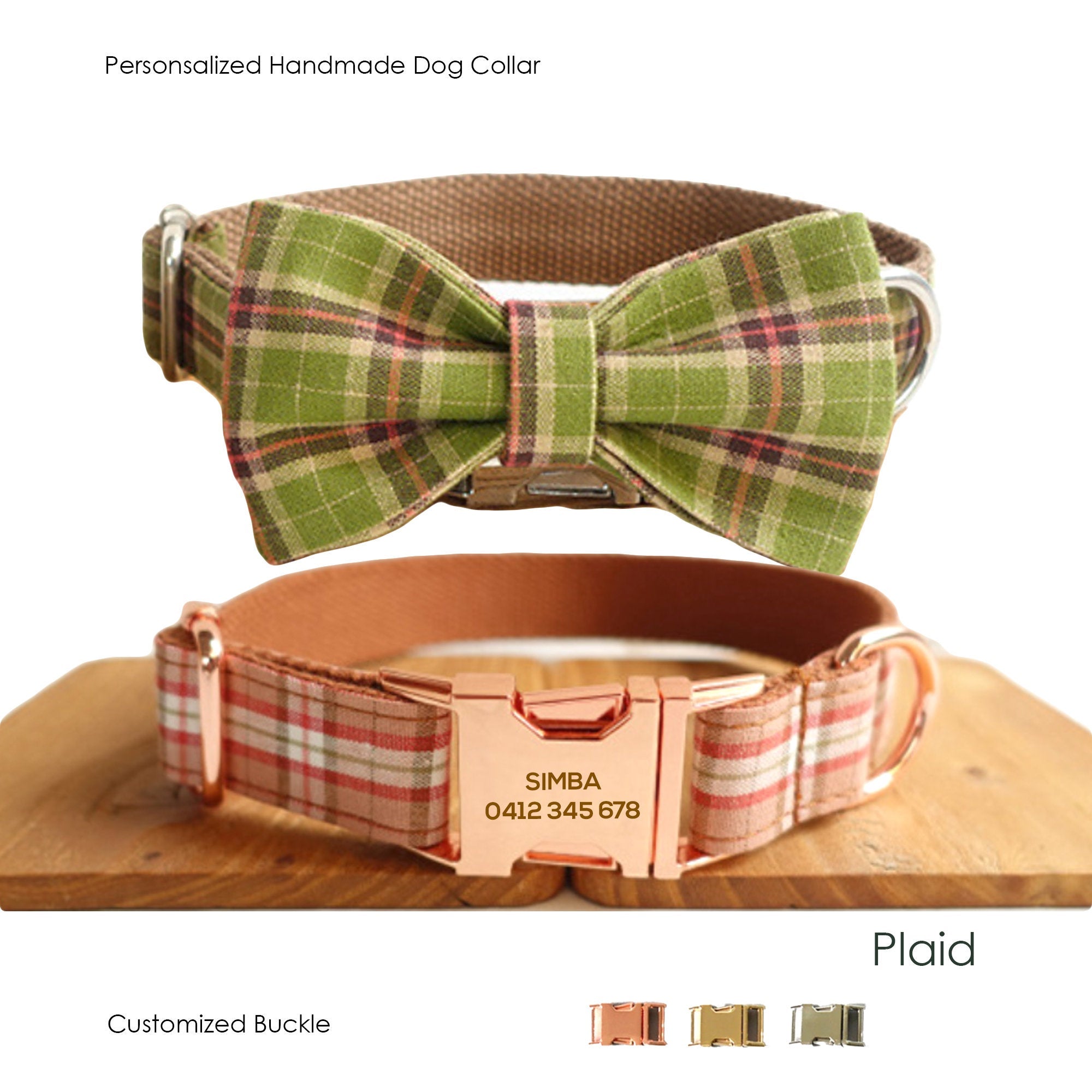 BRITISH Plaid Green Dog Collar Set