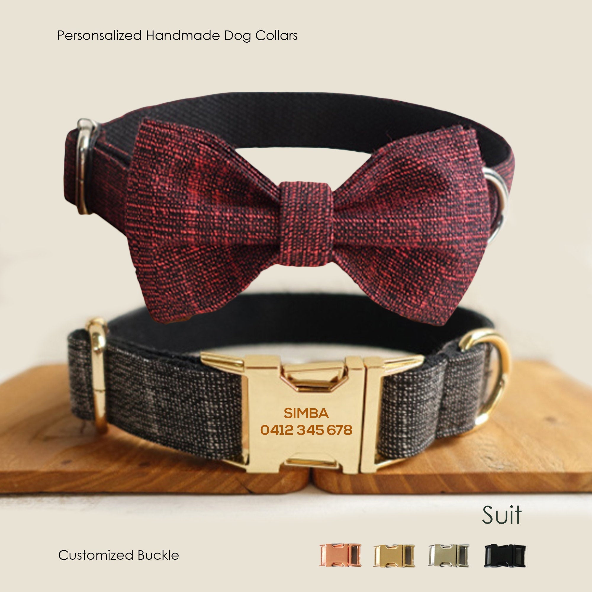 Personalized  Bow Tie BLACK/RED SUIT Dog Collar Set
