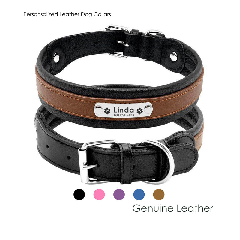 Genuine Leather Dog Collars with ID Tags