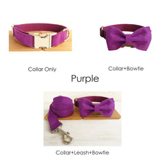 Velvet Plain Engraved Bow Tie Dog Collar Set