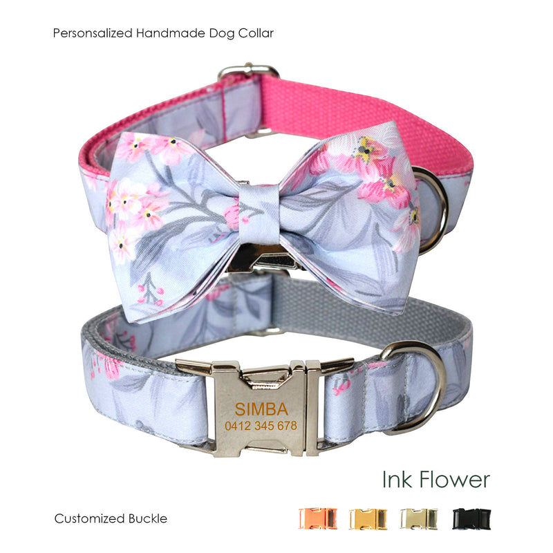 Ink Flower Pattern Custom Dog Collar Bowtie Set