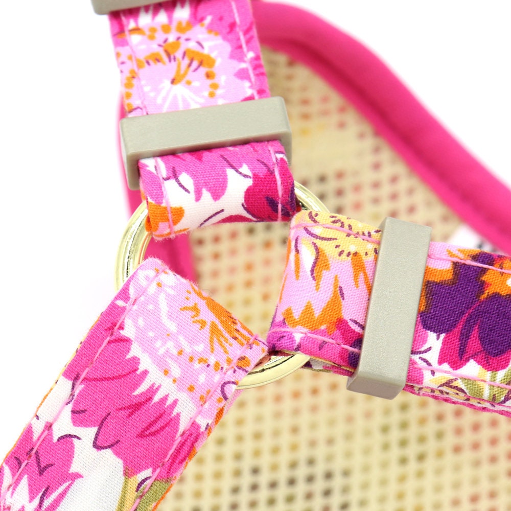 Pink Floral Autumn Dog Collar Leash Set with Bowtie and Harness